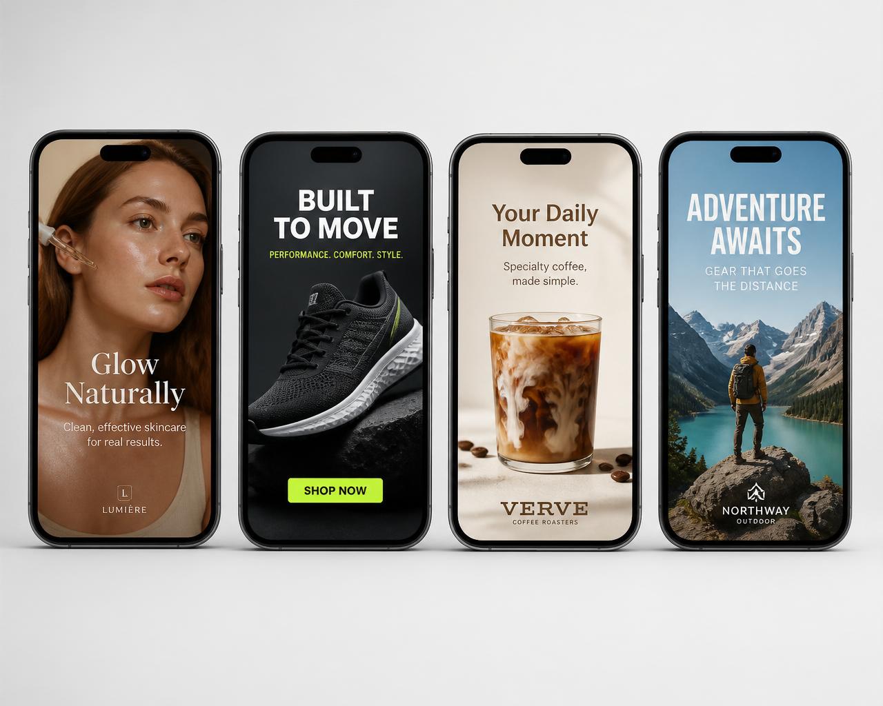 Quatro criativos lado a lado em smartphones